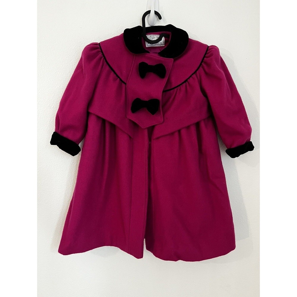 Rothschild Vintage  Girls 100% Wool Coat Purple Black Bows Sz 4 Union Tag USA